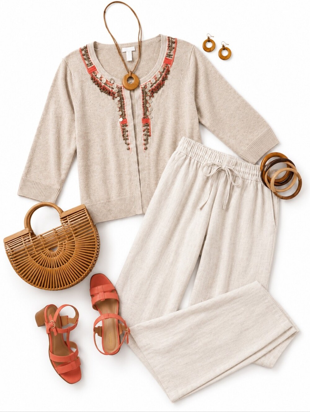 Chico’s Embellished Boho Cardigan Sweater Beige Coin Trim Festival Chic Top